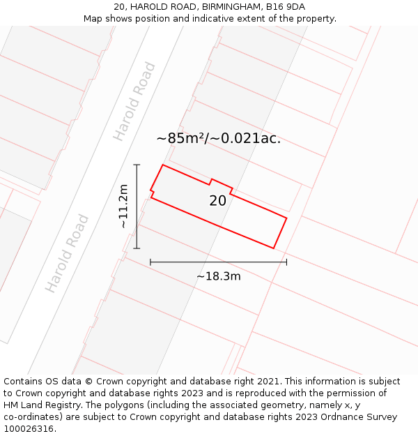 20, HAROLD ROAD, BIRMINGHAM, B16 9DA: Plot and title map