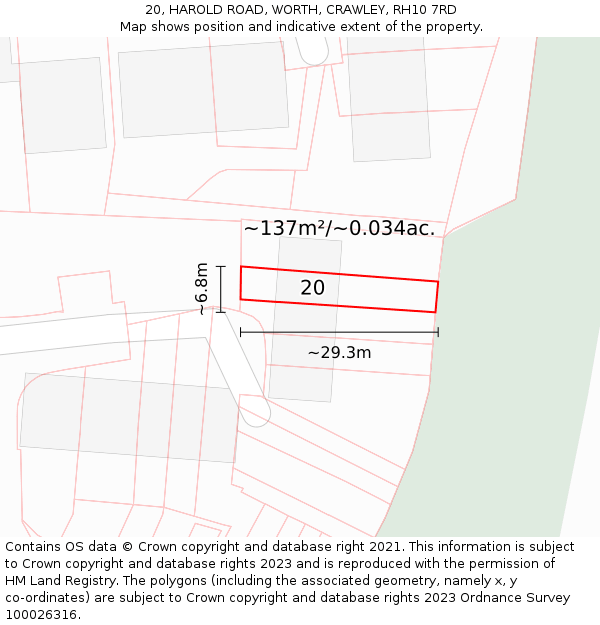 20, HAROLD ROAD, WORTH, CRAWLEY, RH10 7RD: Plot and title map