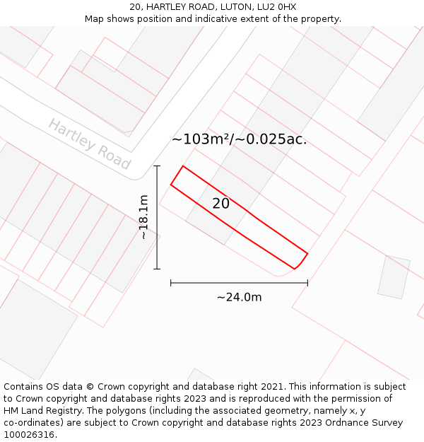 20, HARTLEY ROAD, LUTON, LU2 0HX: Plot and title map