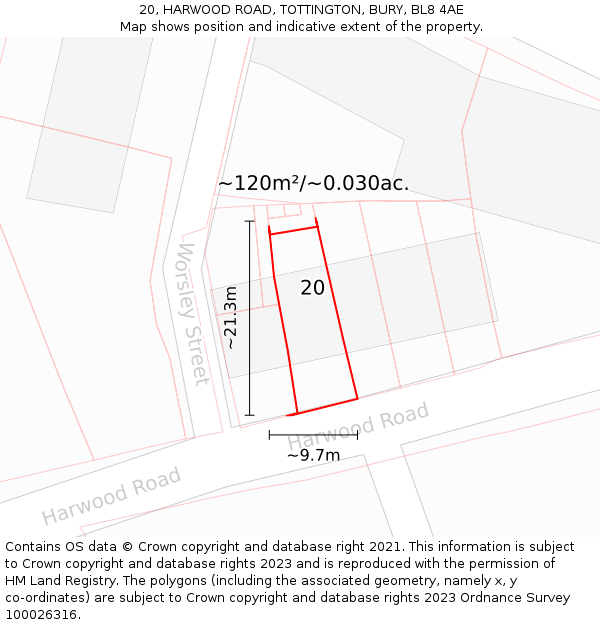 20, HARWOOD ROAD, TOTTINGTON, BURY, BL8 4AE: Plot and title map