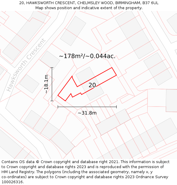 20, HAWKSWORTH CRESCENT, CHELMSLEY WOOD, BIRMINGHAM, B37 6UL: Plot and title map