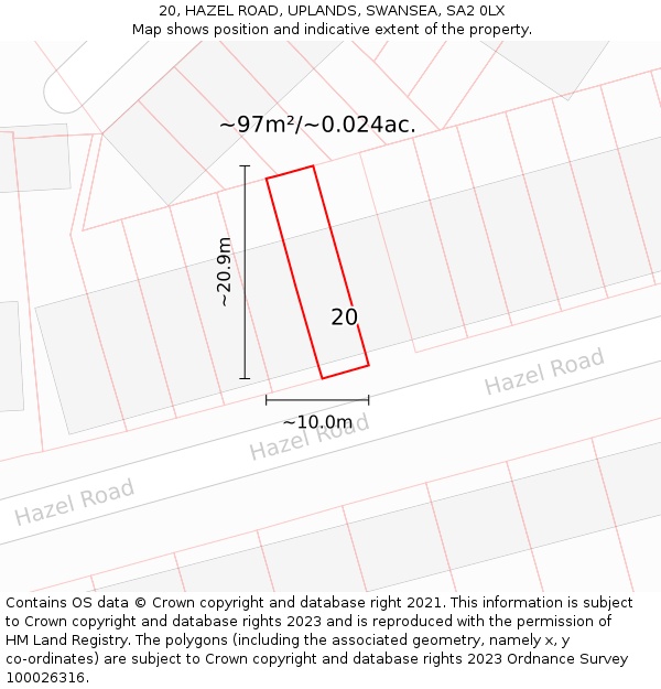 20, HAZEL ROAD, UPLANDS, SWANSEA, SA2 0LX: Plot and title map