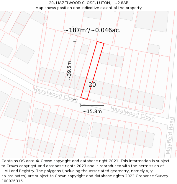 20, HAZELWOOD CLOSE, LUTON, LU2 8AR: Plot and title map