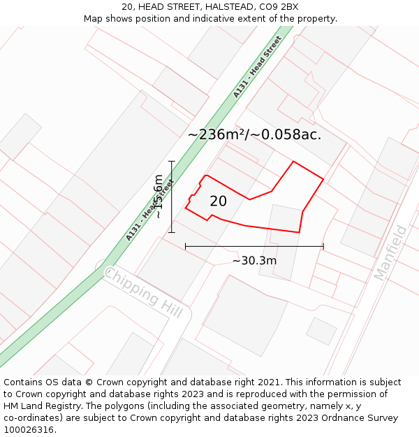 20, HEAD STREET, HALSTEAD, CO9 2BX: Plot and title map
