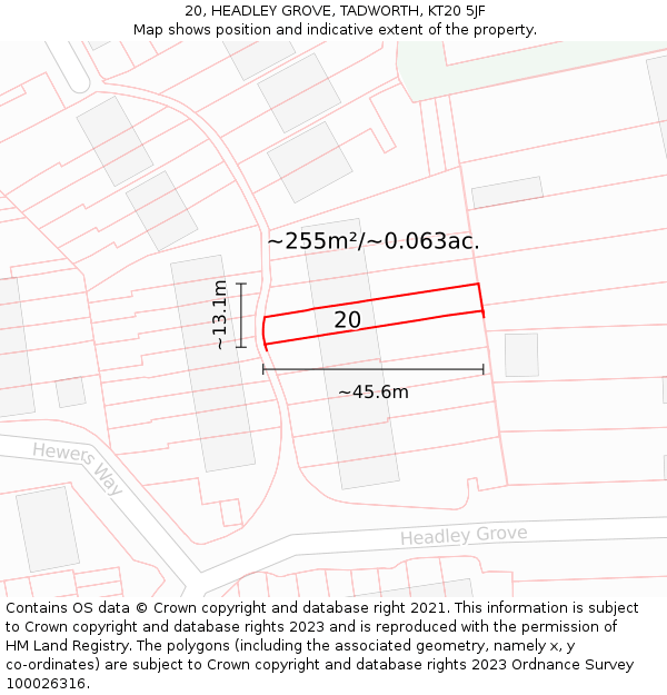 20, HEADLEY GROVE, TADWORTH, KT20 5JF: Plot and title map