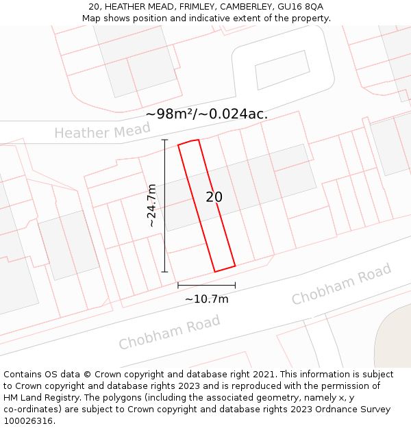 20, HEATHER MEAD, FRIMLEY, CAMBERLEY, GU16 8QA: Plot and title map
