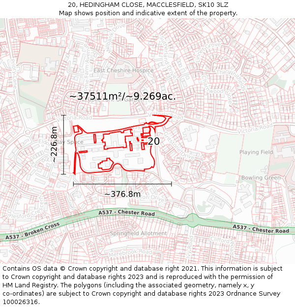 20, HEDINGHAM CLOSE, MACCLESFIELD, SK10 3LZ: Plot and title map