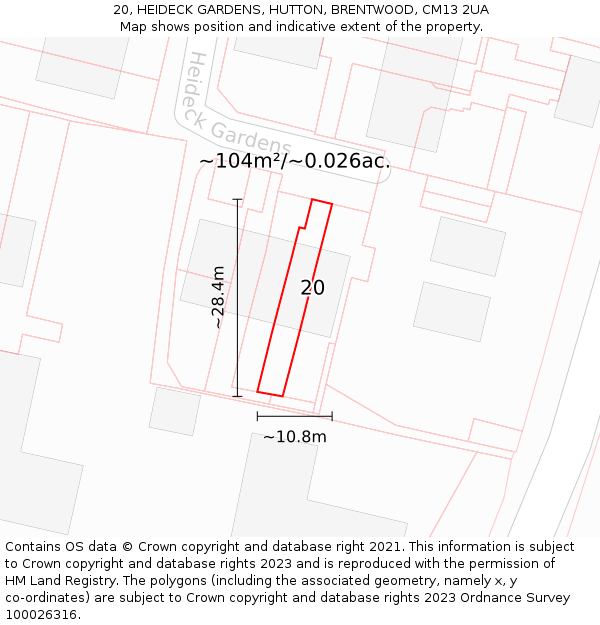 20, HEIDECK GARDENS, HUTTON, BRENTWOOD, CM13 2UA: Plot and title map
