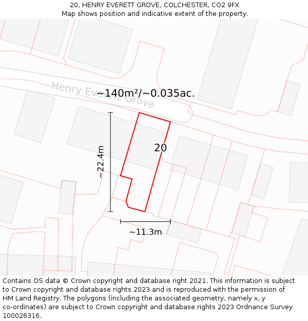 20, HENRY EVERETT GROVE, COLCHESTER, CO2 9FX: Plot and title map