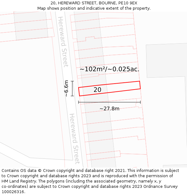 20, HEREWARD STREET, BOURNE, PE10 9EX: Plot and title map
