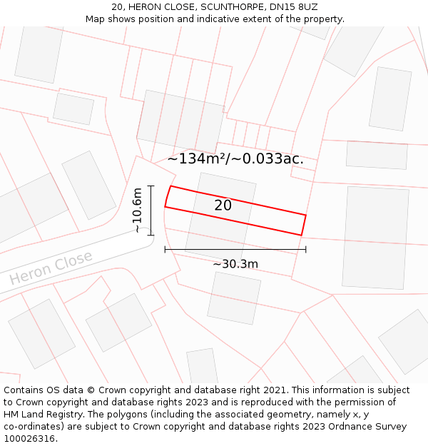 20, HERON CLOSE, SCUNTHORPE, DN15 8UZ: Plot and title map