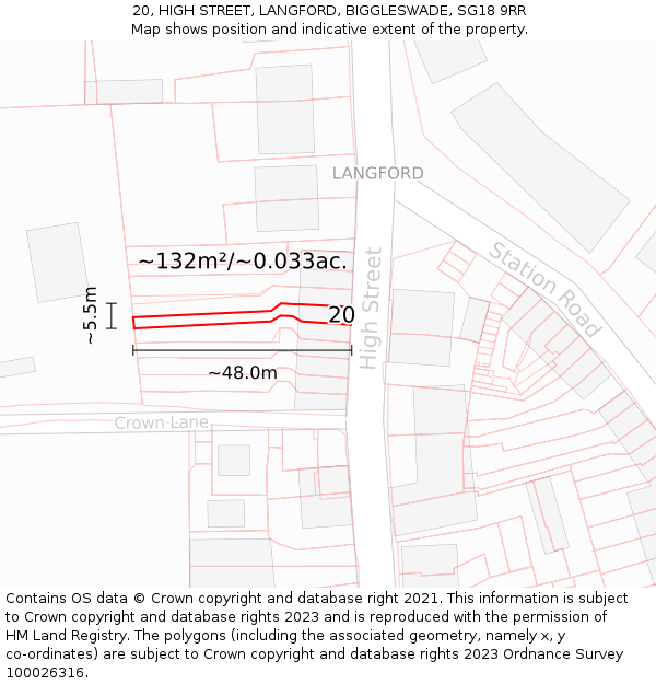 20, HIGH STREET, LANGFORD, BIGGLESWADE, SG18 9RR: Plot and title map