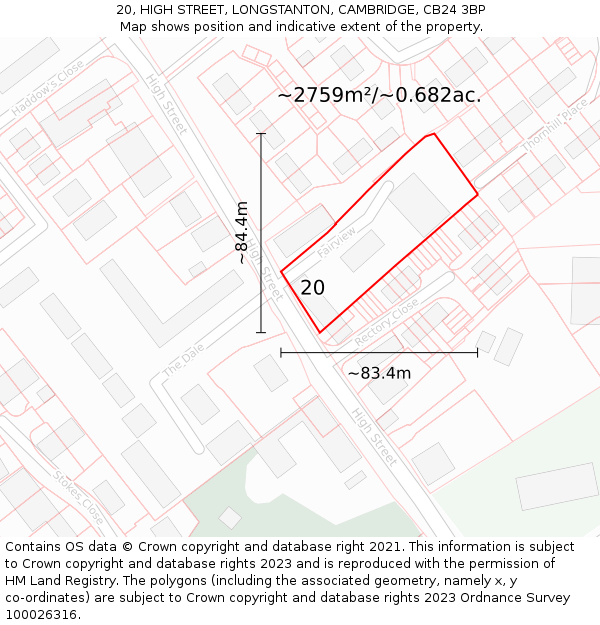 20, HIGH STREET, LONGSTANTON, CAMBRIDGE, CB24 3BP: Plot and title map