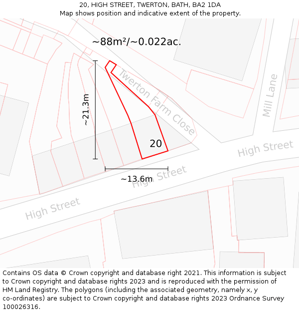 20, HIGH STREET, TWERTON, BATH, BA2 1DA: Plot and title map