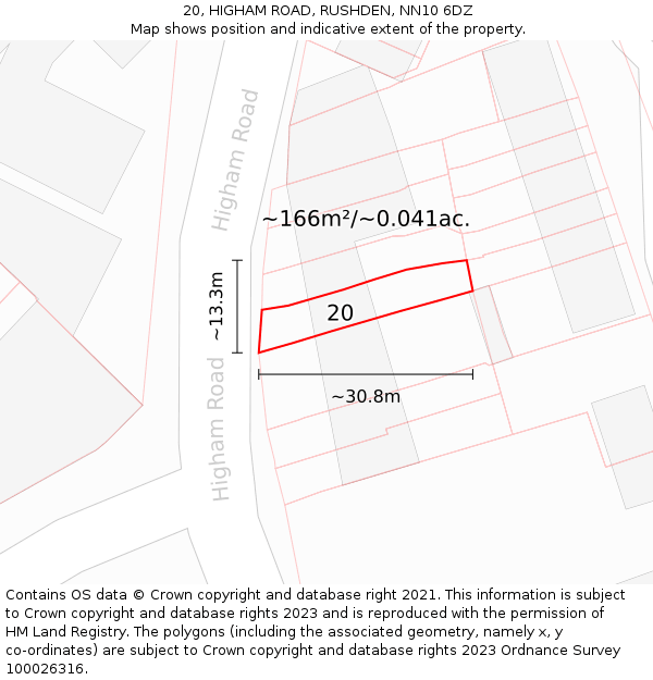 20, HIGHAM ROAD, RUSHDEN, NN10 6DZ: Plot and title map