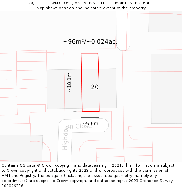 20, HIGHDOWN CLOSE, ANGMERING, LITTLEHAMPTON, BN16 4GT: Plot and title map