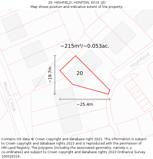 20, HIGHFIELD, HONITON, EX14 1JD: Plot and title map