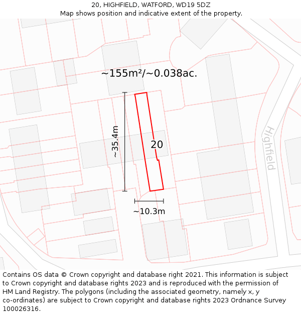 20, HIGHFIELD, WATFORD, WD19 5DZ: Plot and title map