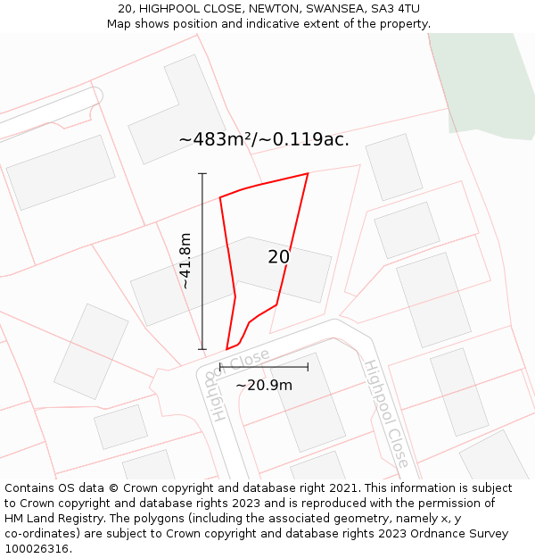 20, HIGHPOOL CLOSE, NEWTON, SWANSEA, SA3 4TU: Plot and title map