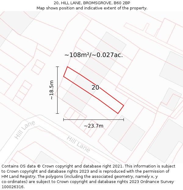 20, HILL LANE, BROMSGROVE, B60 2BP: Plot and title map