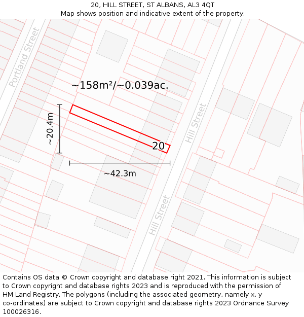 20, HILL STREET, ST ALBANS, AL3 4QT: Plot and title map