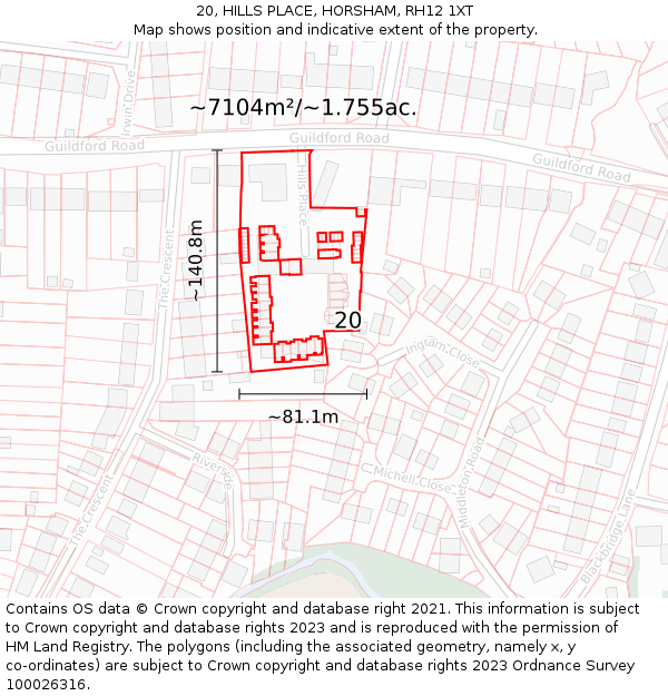 20, HILLS PLACE, HORSHAM, RH12 1XT: Plot and title map