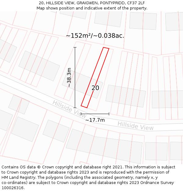 20, HILLSIDE VIEW, GRAIGWEN, PONTYPRIDD, CF37 2LF: Plot and title map