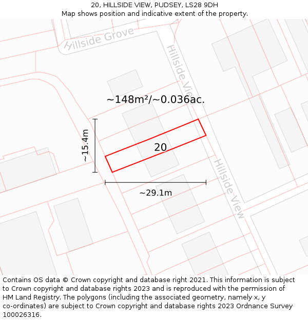 20, HILLSIDE VIEW, PUDSEY, LS28 9DH: Plot and title map