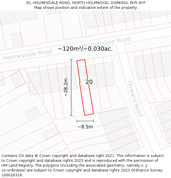 20, HOLMESDALE ROAD, NORTH HOLMWOOD, DORKING, RH5 4HT: Plot and title map