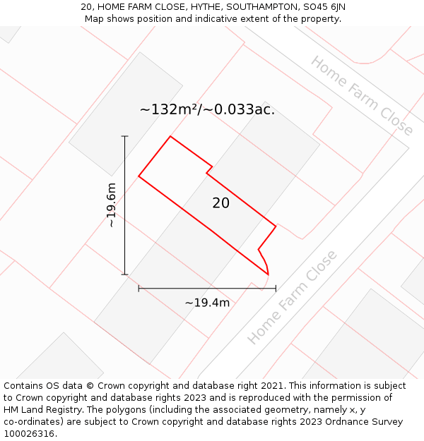 20, HOME FARM CLOSE, HYTHE, SOUTHAMPTON, SO45 6JN: Plot and title map
