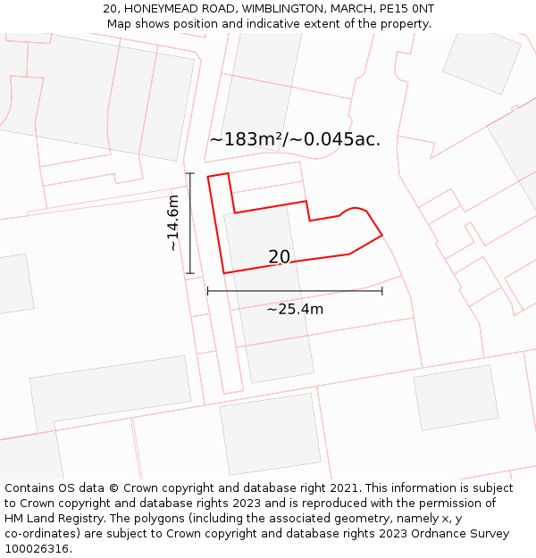 20, HONEYMEAD ROAD, WIMBLINGTON, MARCH, PE15 0NT: Plot and title map