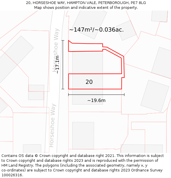 20, HORSESHOE WAY, HAMPTON VALE, PETERBOROUGH, PE7 8LG: Plot and title map