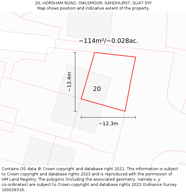 20, HORSHAM ROAD, OWLSMOOR, SANDHURST, GU47 0YY: Plot and title map