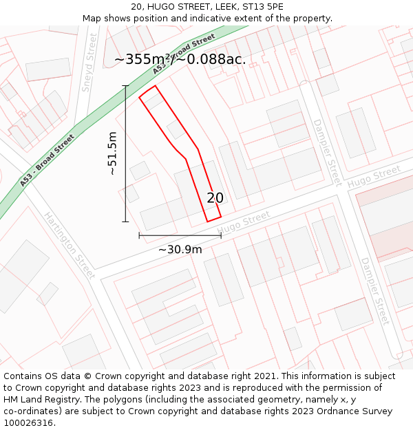 20, HUGO STREET, LEEK, ST13 5PE: Plot and title map