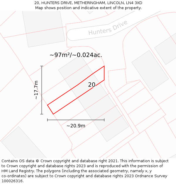 20, HUNTERS DRIVE, METHERINGHAM, LINCOLN, LN4 3XD: Plot and title map