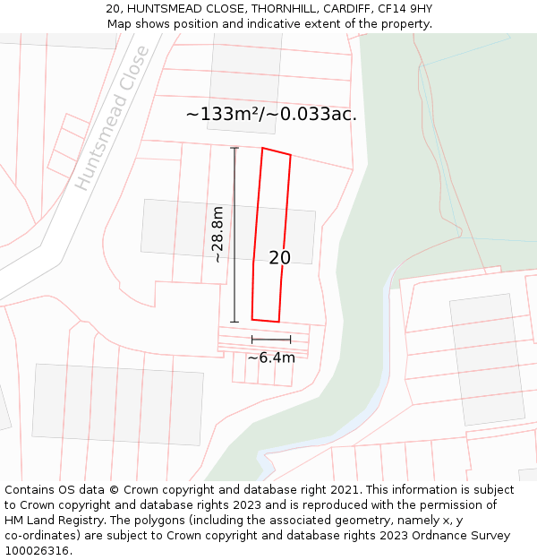 20, HUNTSMEAD CLOSE, THORNHILL, CARDIFF, CF14 9HY: Plot and title map
