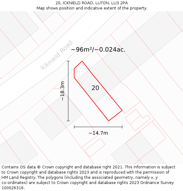 20, ICKNIELD ROAD, LUTON, LU3 2PA: Plot and title map