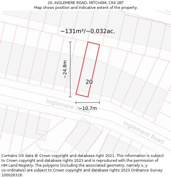 20, INGLEMERE ROAD, MITCHAM, CR4 2BT: Plot and title map