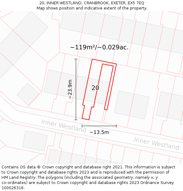 20, INNER WESTLAND, CRANBROOK, EXETER, EX5 7EQ: Plot and title map