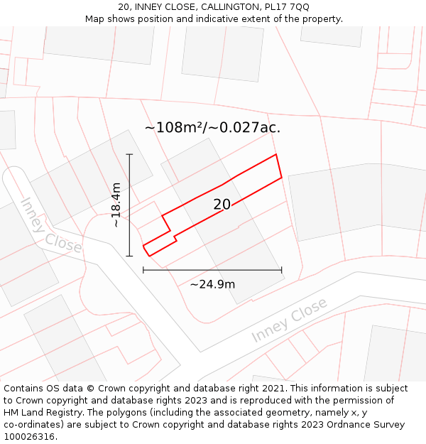 20, INNEY CLOSE, CALLINGTON, PL17 7QQ: Plot and title map