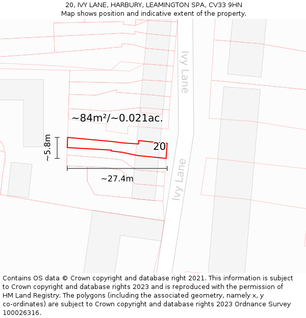 20, IVY LANE, HARBURY, LEAMINGTON SPA, CV33 9HN: Plot and title map