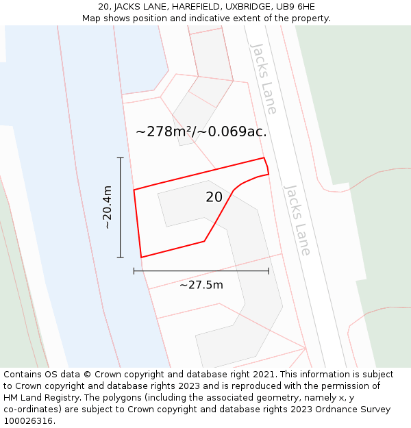 20, JACKS LANE, HAREFIELD, UXBRIDGE, UB9 6HE: Plot and title map