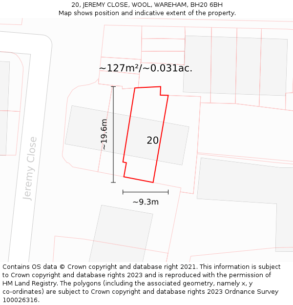 20, JEREMY CLOSE, WOOL, WAREHAM, BH20 6BH: Plot and title map