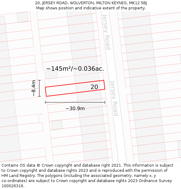 20, JERSEY ROAD, WOLVERTON, MILTON KEYNES, MK12 5BJ: Plot and title map