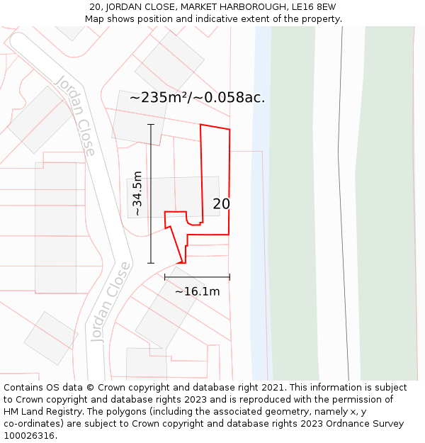 20, JORDAN CLOSE, MARKET HARBOROUGH, LE16 8EW: Plot and title map