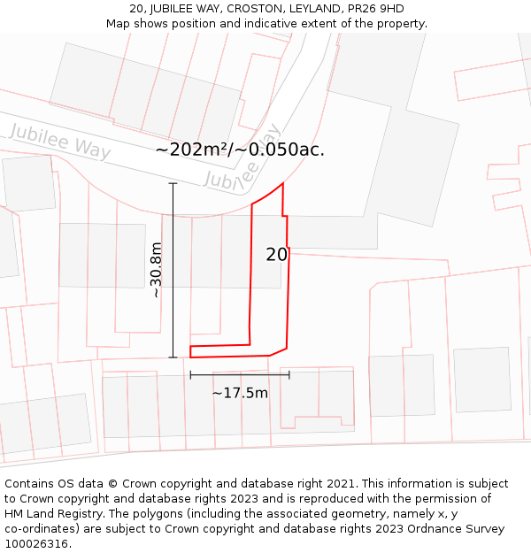 20, JUBILEE WAY, CROSTON, LEYLAND, PR26 9HD: Plot and title map