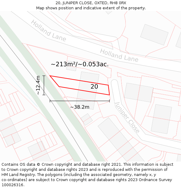 20, JUNIPER CLOSE, OXTED, RH8 0RX: Plot and title map