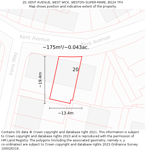 20, KENT AVENUE, WEST WICK, WESTON-SUPER-MARE, BS24 7FH: Plot and title map