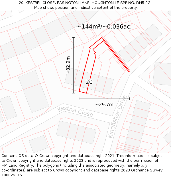 20, KESTREL CLOSE, EASINGTON LANE, HOUGHTON LE SPRING, DH5 0GL: Plot and title map