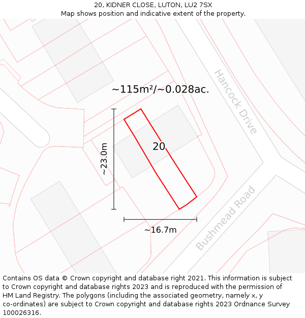 20, KIDNER CLOSE, LUTON, LU2 7SX: Plot and title map